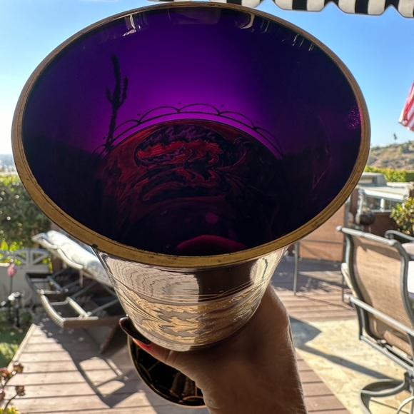 Antique Black purple art glass chalice 14k gold handpainted gold foil Persian - Picture 4 of 9